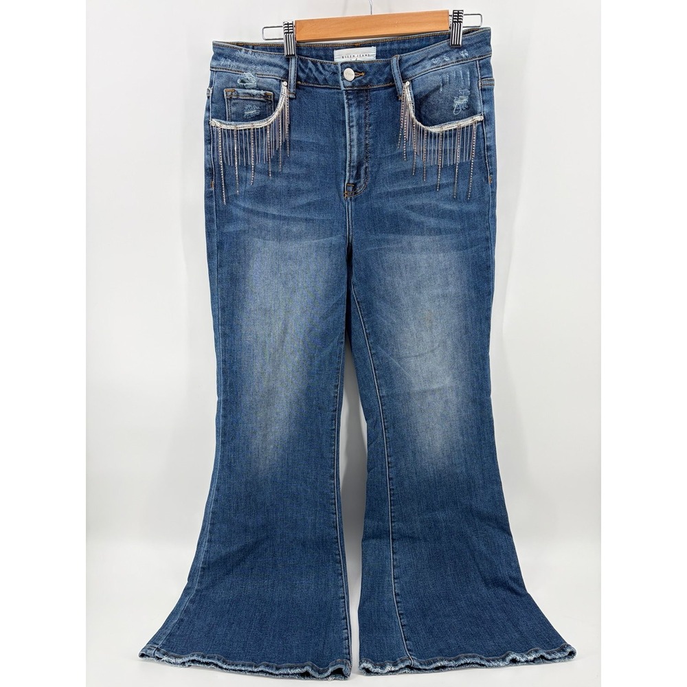 Risen Jeans Rhinestone Pocket Flare/Wide-Leg Jeans, Rhinestone Fringe, Women 13